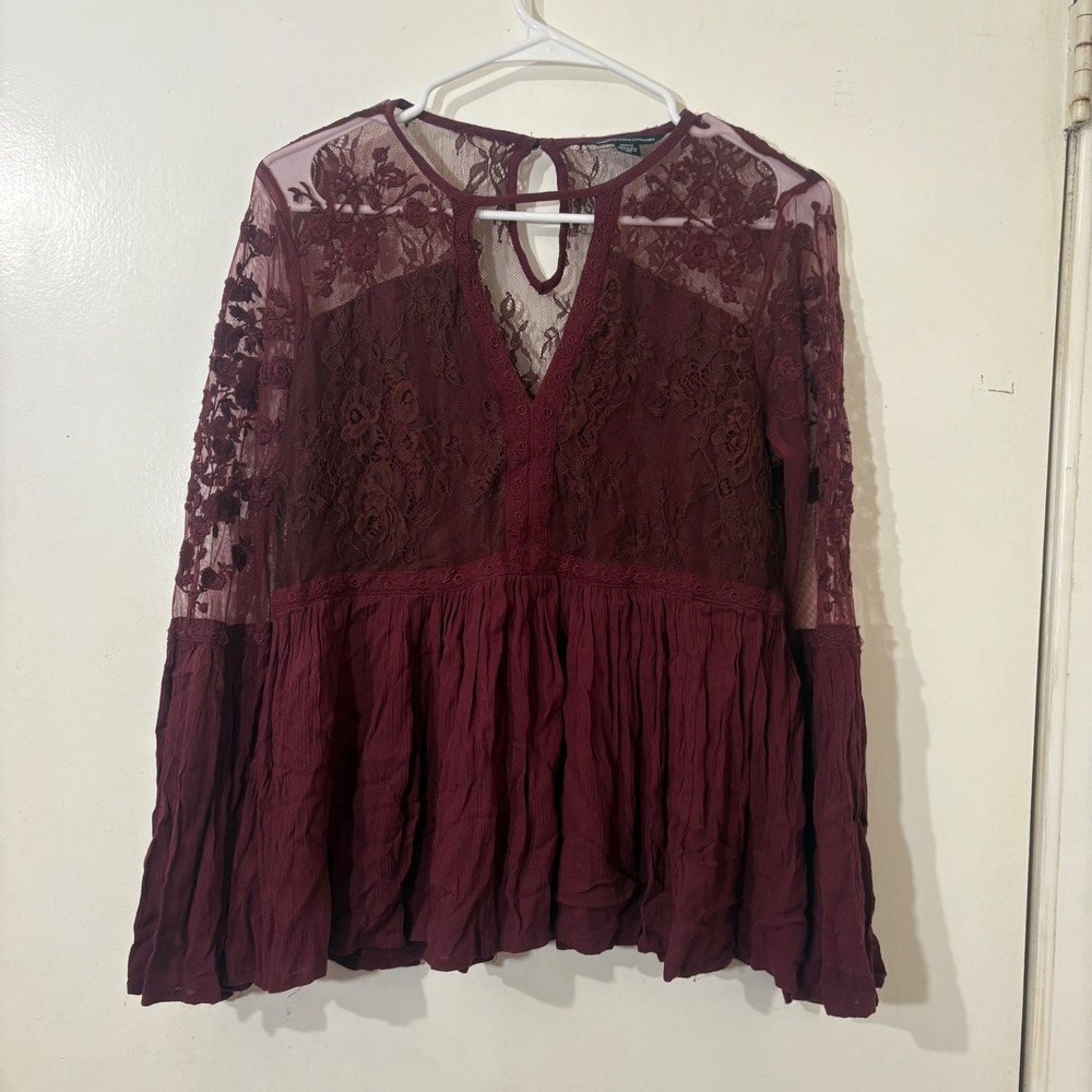 American Eagle Burgundy Red Lace Mesh Bell Sleeve Babydoll Boho Top Fall Sz M